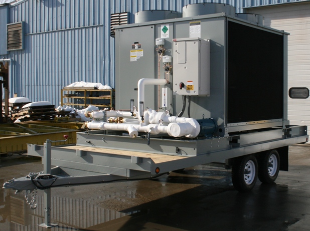 Complete mobile chiller, trailer mounted for emergency building cooling at military base.